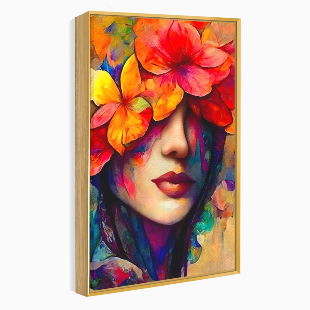 Tablou canvas cu tablou canvas cu portret feminin si flori, in rama de aluminiu auriu